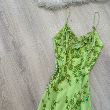 Niulatu Spaghetti Strap Sheath Long Prom Dresses Vintage Chiffon Beaded Green Formal Dresses HZ1026